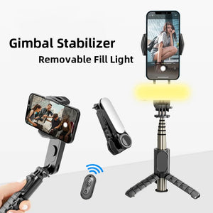 Handheld Gimbal Stabilizer Selfie Stick Tripod with Removable Fill Light Wireless Remote Portable Phone Stand Holder