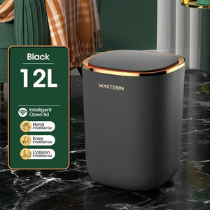 12L Smart Sensor Black Trash Can Induction Trash Bin Bathroom Luxury Garbage Can Bucket For Kitchen Toilet Smart Wastebasket