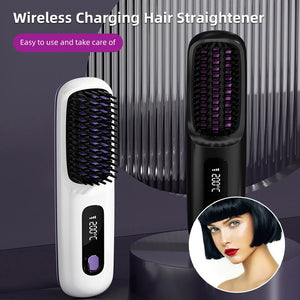 Hair Straightener Brush USB Rechargeable Cordless Negative Ions Hot Brush Electric Fluffy Curly Hair Styling Detangling Comb