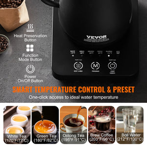 VEVOR Electric Gooseneck Kettle 1L Temperature Control Pour Over Coffee Kettle withStainless Steel Hot Water Tea Boiler