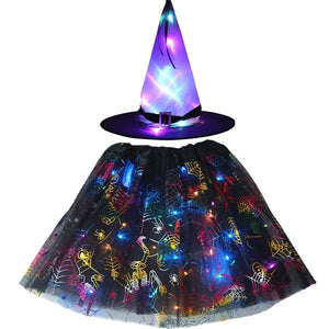 Women Girl Kids Glow Wizard Witch Hat Spider Web Cobweb Skirt Tutu Costume Party Led Clothes Birthday Gift Candy Bag Halloween