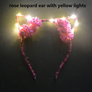 Flower LED Blinking Light Up Devil Headband Leopard Cat Ear Demon Horn Party  Birthday Costum navidad Wedding Festival