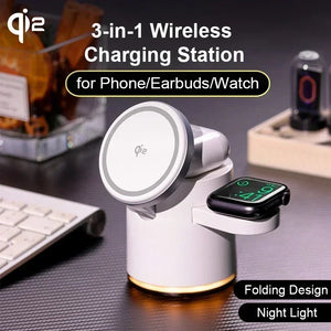 4 in 1 QI2 Wireless Charger Fast Charging Dock Stand Night Light For Magsafe iPhone 16 15 14 Pro Max Airpods Pro Apple Watch 2-8