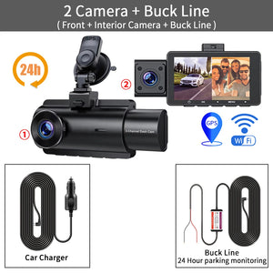 3 Channel Dash Cam Front Inside Rear Three Way Car Dash Camera, 2K+1080P Dual Channel With GPS WiFi IR Night Vision Camcorder