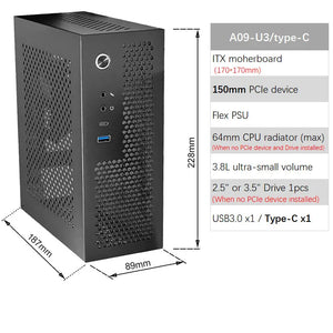 A09 3.8L ITX Chassis A4 HTPC Portable Computer PC Support PCIe 2.5' SSD Drive Mini IPC Flex PSU Case - Stereotech