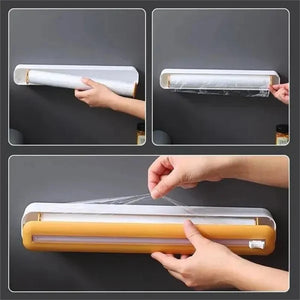 2 In 1 Plastic Wrap Cutter Cling Film Dispenser Tin Paper Aluminum Foil Parchment Paper Storage Cutting Box Kitchen Package Tool - Stereotech