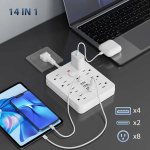 14-in-1 US Power Outlet, Power Outlet Surge Protector, 8 AC Outlets, 4 USB 2 Type-C, Desktop Receptacle with Overload Protection