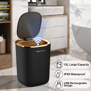 12L Smart Sensor Black Trash Can Induction Trash Bin Bathroom Luxury Garbage Can Bucket For Kitchen Toilet Smart Wastebasket