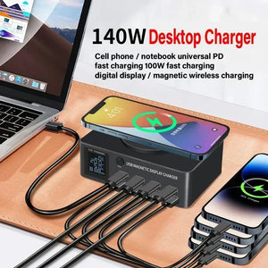 140W USB C GaN Charger PD 100W 65W Type C QC Fast Charge Wireless Charging Station Digital Display For All Phone Tablet Laptop