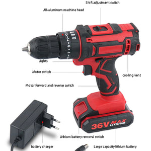 36V 1000W Electric Impact Drill 3 in 1 Electric Cordless Lithium-Ion Battery Mini Electric Power Screwdriver 2 Speed Power Tools