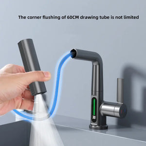 Bathroom Smart basin Faucet  heat and cold kitchen SinkriseLift Up Down faucets Pull out digital thermometer revolve Tap grey