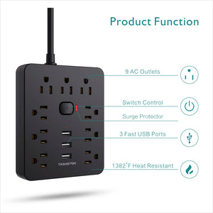 US Power Strip Surge Protector with 9 Outlet 3 USB Ports Fireproof Desktop Charging Station with Flat Plug Wall Mount Exte