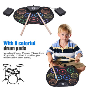 9 Drum Pads Electronic Drum Set with Drum Sticks/Pedals USB Roll Up Drum Set Headphone Jack Great Holiday/Birthday Gift for Kids