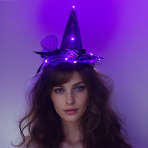 Halloween Headband Lace Witch Hat Shape Hair Hoop For Girls Women LED Glowing Headwear Masquerade Party Hair Accessories