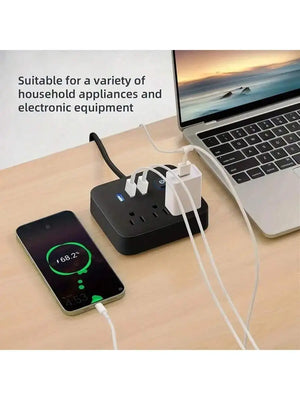 1pc Power Strip, Power Strip Surge Protector, 3 AC Outlets 3 USB 1 Power Button, Flat Plug, Desktop Charging Station With Overlo