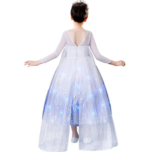 Disney 2024 Halloween Carnival Frozen Little Girls Princess Dress Snow Queen Fantasy Cosplay White Dress Elsa LED Strip Costume