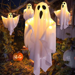 Halloween Fabric Hanging Spooky Ghost Ornaments LED Ghost With Flexibly Adjusted Poses Halloween Ghost Decor For Lawn Yard