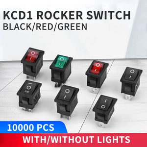 100pcs KCD1 4Pin 2Pin 3Pin 21*15mm ON-OFF Black Boat Car Rocker Switch 6A/250V 10A/125V AC With Red Green Light Switch