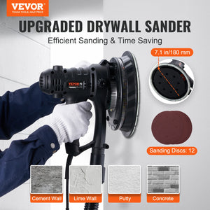 VEVOR Drywall Sander, Variable Speed 1200-2300 RPM Wall Sander with Automatic Vacuum Dust Collection System, Double LED Lights