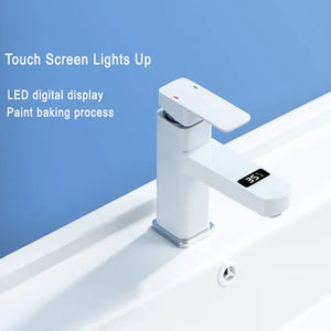 Digital Basin Faucets Smart Bathroom Faucet Shower Room Taps Water Temperature LED Black White Sink Tap Rotating Stainless Steel