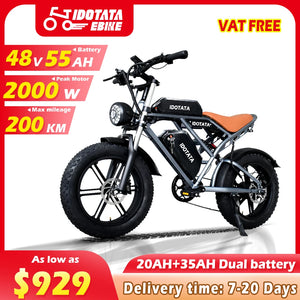 IDOTATA-Moped Fat Tire Electric Bike for Adults, 2000W, 20Inch Electric Bicycle , 48V, 55Ah, Dual Battery, 35MPH, 100Miles Ebike