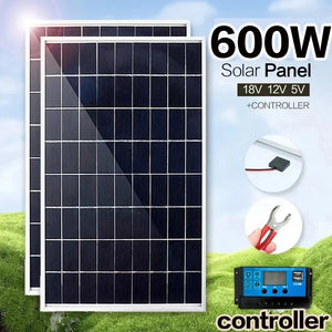 12V Solar Panel Kit Complete 600W Capacity Polycrystalline USB Power Portable Outdoor Rechargeable Solar Cell Generator for Home - Stereotech