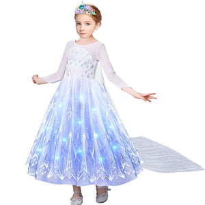 Disney 2024 Halloween Carnival Frozen Little Girls Princess Dress Snow Queen Fantasy Cosplay White Dress Elsa LED Strip Costume