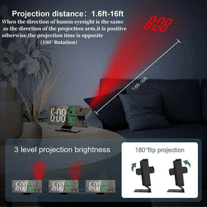 180° Arm Projection Digital Alarm Clock Temperature Humidity Night Mode Snooze 12/24H USB Powered Projector Table LED Clock