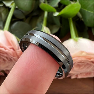 6mm 8mm Black Tungsten Carbide Engagement Ring for Men Women Wedding Band Beveled Edges Brushed Finish With Center Grooved