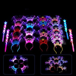 2025 Happy New Year LED Glow Headband Kids Adults Optic Fiber Light Up Hair Bands Glow Sticks Rave Nightclub Party Cheer Props