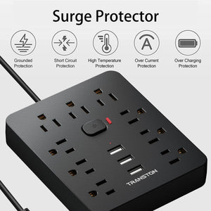 US Power Strip Surge Protector with 9 Outlet 3 USB Ports Fireproof Desktop Charging Station with Flat Plug Wall Mount Exte