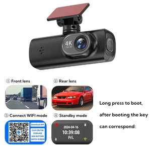 HAOGU Dash Cam UHD 4K for Car Camera Night Vision With GPS WiFi 24h Parking Loop Record 4K Front and 1080P Rear Dual Lens