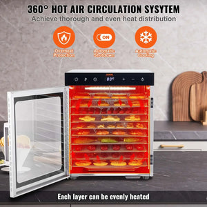 VEVOR 10 Trays Food Dehydrator Stainless Steel Machine 800W/1000W Household Vegetables Fruit Dryer with Digital Timer for Home