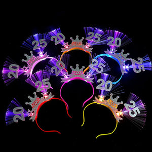 2025 Happy New Year LED Glow Headband Kids Adults Optic Fiber Light Up Hair Bands Glow Sticks Rave Nightclub Party Cheer Props