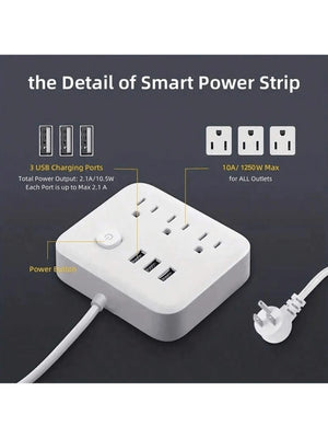 1pc Power Strip, Power Strip Surge Protector, 3 AC Outlets 3 USB 1 Power Button, Flat Plug, Desktop Charging Station With Overlo