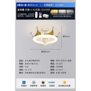 Full Spectrum Eye Protection Electric Fan Ceiling Light Bedroom Light Simple Children's Princess Room Girl's Room Crown Electric