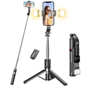 Upgraded Extended Foldable Wireless Bluetooth Selfie Stick Tripod with Remote Shutter Fill Light Aluminum Alloy Selfie Stick