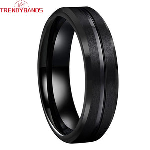 6mm 8mm Black Tungsten Carbide Engagement Ring for Men Women Wedding Band Beveled Edges Brushed Finish With Center Grooved