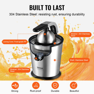 VEVOR Electric Citrus Juicer Orange Juice Squeezer with Two Size Juicing Cones 300W Stainless Steel Orange Juice Maker