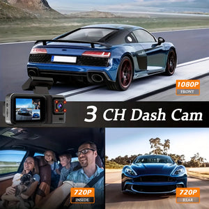 3 Channel Car DVR HD 1080P 3-Lens Inside Vehicle Dash CamThree Way Camera DVRs Recorder Video Registrator Dashcam Camcorder