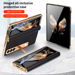 Genuine Leather Case for Samsung Galaxy Z Fold 6 5 4 3 Fold6 Fold5 Fold3 Fold4 Magnetic Hinge Stand Back Cover with Mirror Film