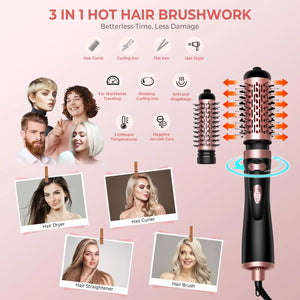 Hair Dryer Brush 3-in-1 Rotating Round Hot Air Spin Brush Set 2 Detachable Auto Rotating Curling Brush Hot Air Styler