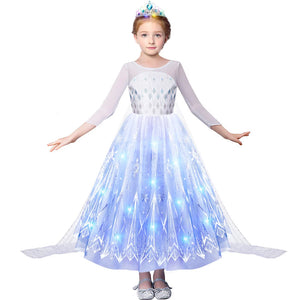 Disney 2024 Halloween Carnival Frozen Little Girls Princess Dress Snow Queen Fantasy Cosplay White Dress Elsa LED Strip Costume