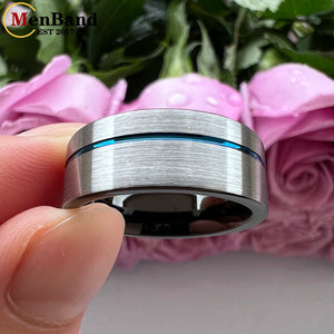 Black Tungsten Carbide Wedding Ring For 8MM Men And Women Blue Offset Groove Flat Band Brushed Finish Comfort Fit