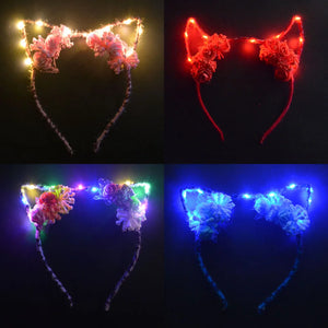 Flower LED Blinking Light Up Devil Headband Leopard Cat Ear Demon Horn Party  Birthday Costum navidad Wedding Festival