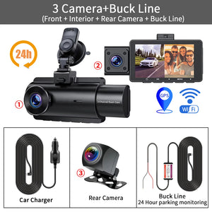 3 Channel Dash Cam Front Inside Rear Three Way Car Dash Camera, 2K+1080P Dual Channel With GPS WiFi IR Night Vision Camcorder