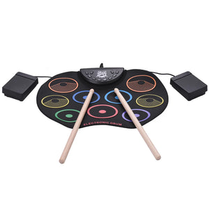 9 Drum Pads Electronic Drum Set with Drum Sticks/Pedals USB Roll Up Drum Set Headphone Jack Great Holiday/Birthday Gift for Kids