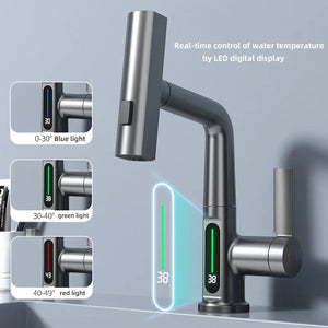 Bathroom Smart basin Faucet  heat and cold kitchen SinkriseLift Up Down faucets Pull out digital thermometer revolve Tap grey