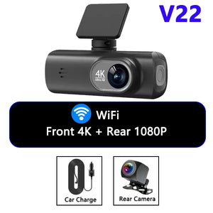 UHD 4K Dash Cam Dual Lens Driving Recorder Car DVR 1080P Rear Lens Camera Built-In WiFi GPS 24-Hour Parking Monitoring Black Box