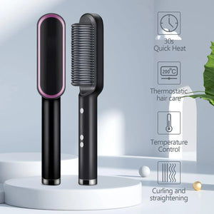 Negative Ion Hair Straightener Styling Comb 2 In 1 Hair Straightener Brush And Curler 30s Fast Heating Hair Straightener Brush